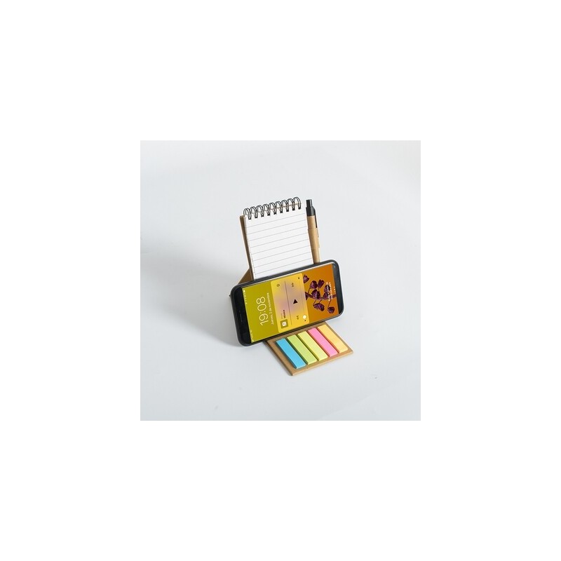 Libreta con pasta de cartón, banderines y bolígrafo.